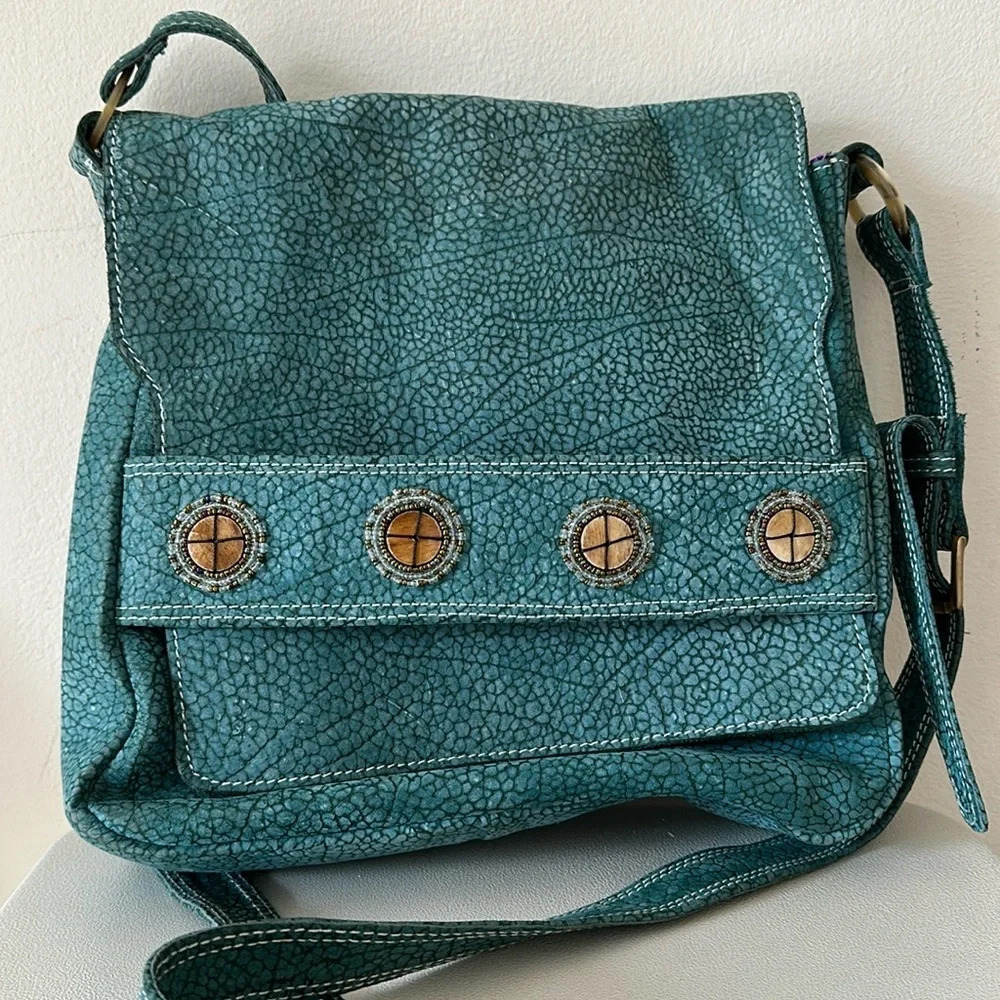 African Lily RARE handmade in Kenya genuine suede teal crossbody bag embellished
